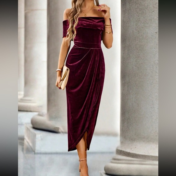 Luxe off shoulder wrap party prom wedding gown velvet dress - Picture 4 of 8